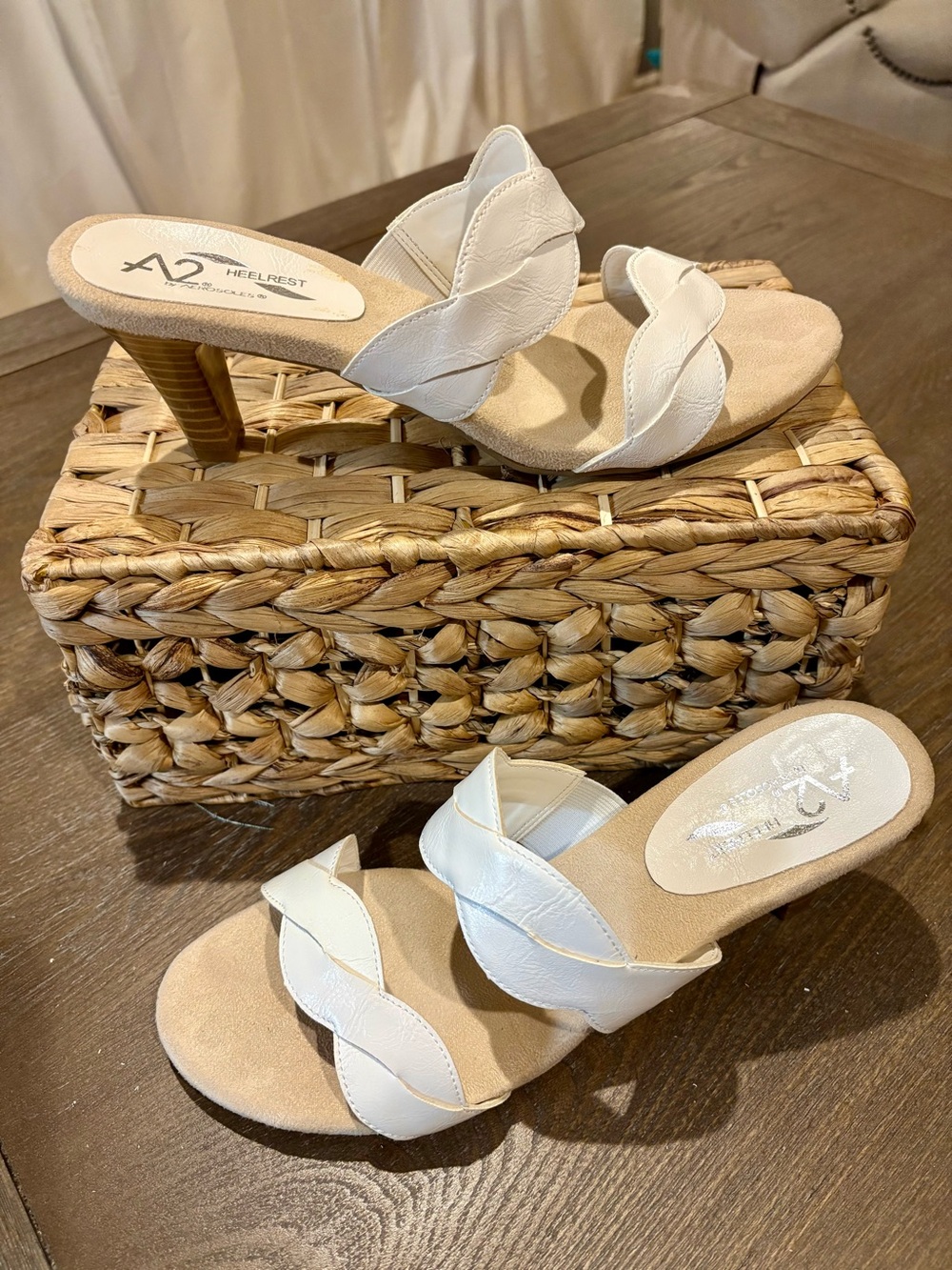 Gorgeous A2 by Aerosoles White Braided Strap Open Back Heeled Sandals